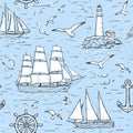 Vector sketch seamless marine pattern with sailing ship, lighthouse, seagulls, anchor. Design on blue background