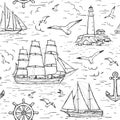 Vector sketch seamless marine pattern with sailing ship, lighthouse, seagulls, anchor. Design for textile, wrapping paper, page
