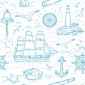 Vector sketch seamless marine pattern with sailing ship, lighthouse, spyglass, seagulls, compass, anchor, sea shells, bell