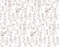 Vector sketch seamless pattern of illustrations walking urban residents. Children and adults on the street in the city Royalty Free Stock Photo