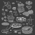 Vector sketch set Arabic cup and coffeepot, vintage coffee grinder, Oriental sweets, roasted coffee beans. Illustration