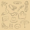 Vector sketch set. Collection of realistic fashionable accessories: Scarf, bag, purse, gloves, umbrella, hair band, necklace, hat,