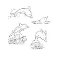 Vector sketch set dolphins jumping dive and swim. Monochrome black sea animals isolated on white background for