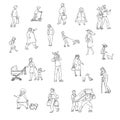 Vector sketch set of illustrations walking urban residents. Children and adults in various situations on the street in