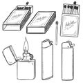 Vector Sketch Set of Matches, Matchboxes and Lighters.