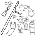 Vector Sketch Set of Police Weapon and Equipment Royalty Free Stock Photo