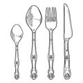 Vector Hand Drawn Sketch Set of Vintage Cutlery. Knife, Fork, Spoon, Tea-spoon Royalty Free Stock Photo