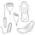 Vector Sketch Set of Tampons, Menstrual Cups and Sanitary Towels