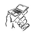 Vector sketch of small laptop in hand. Concept of small computers. Line art style hand drawn illustration on white background