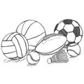 Vector Sketch Sport Set - Pile of Different Balls and Equipment