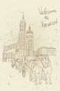 Vector sketch of St. Mary`s Church and the Main Market Square in the Old Town district of Krakow. Poland Royalty Free Stock Photo