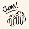 Vector sketch style beer mugs with hand drawn vector calligraphy word - Cheers Royalty Free Stock Photo