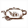 Vector sketch of tea service. kettle doodle icon vector hand drawing. Vector hand draw. Tea shop banner. design Green tea card.