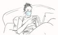 Vector sketch of teenage girl in medical face mask sitting in bed using smartphone