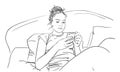 Vector sketch of teenage girl sitting in bed using smartphone, Hand drawn