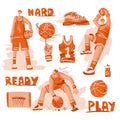 Vector sketch textured set of basketball - basketball players, basket, ball, sneakers. Vector sport collection in modern