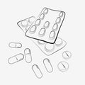 Simple vector sketch top view, stack of pills and capsules