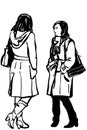 Vector sketch of two women friends in coat standing talking Royalty Free Stock Photo