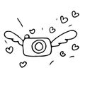 Vector sketch for Valentine\'s Day. Doodle winged retro camera with hearts around.