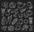 Vector sketch vegetables. White isolated elements on a black background.