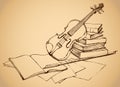 Vector sketch. Violin on old books Royalty Free Stock Photo