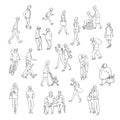 Vector sketch walking people urban residents. Children and adults characters in various situations on street city. Woman Royalty Free Stock Photo