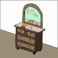 Vector sketch of a wooden chest of drawers with a mirror. Hand-drawn, outline, bedroom furniture, a place to store household items