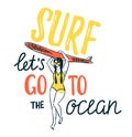 Vector sketch of young woman in swim suit silhouette holding surfboard.