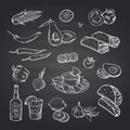 Vector sketched mexican food elements set on black chalkboard