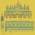 Vector sketches of the Doges` Palace, St. Mark`s Basilica, Saint Mark Campanile and the Columns of San Marco and San Teodoro