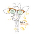 Vector sketching illustrations. Portrait of a funny giraffe in custom glasses.