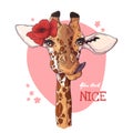 Vector sketching illustrations. Portrait of giraffe with poppy