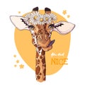 Vector sketching illustrations. Portrait of giraffe with a wreath of daisies