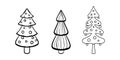 Vector sketching set of Christmas tree symbols. New year print, minimalistic line design black on white isolated. A set of funny