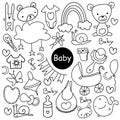 Vector Sketchy hand drawn Doodle cartoon set of objects and symbols on the baby theme. Royalty Free Stock Photo