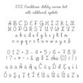 Vector sketchy handdrawn italic cursive font with additional symbols