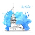 Vector sketchy illustration of Maiden tower in Istanbul with blue watercolor stain