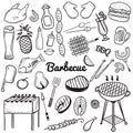 Vector sketchy line art Doodle set of objects and symbols for barbecue and grill theme.