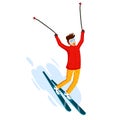 Vector skier cartoon flat style. Man in the ski resort. Winter sport activity. Simple characters. Isolated on white