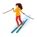 Vector skiers cartoon flat style. Woman in the ski resort. Winter sport activity. Simple characters. Isolated on white