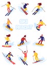 Vector skiers and snowboarders cartoon flat style. Men and women in the ski resort. Winter sport activity. Simple Royalty Free Stock Photo