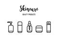 Vector skincare products cosmetics beauty routine line art icons Royalty Free Stock Photo