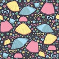 Vector skirts, glasses and bags seamless pattern background