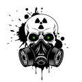 Vector skull with gas mask, radiation sign, glowing eyes and paint splashes and drips on white background. Grunge vector