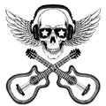 Vector skull in headphones with guitars. Logo for shirt, musical poster