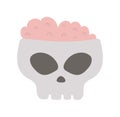 Vector skull with pink brain for trick or treat game. Scary skeleton clipart. Traditional Halloween party food. Monster shaped