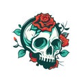 Vector skull and rose flower logo icon, Art Halloween floral detailed tattoo illustration, vintage retro design