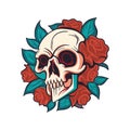 Vector skull and rose flower logo icon, Art Halloween floral detailed tattoo illustration, vintage retro design