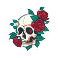 Vector skull and rose flower logo icon, Art Halloween floral detailed tattoo illustration, vintage retro design