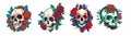 Vector skull and rose flower logo icon, Art Halloween floral detailed tattoo illustration, vintage retro design